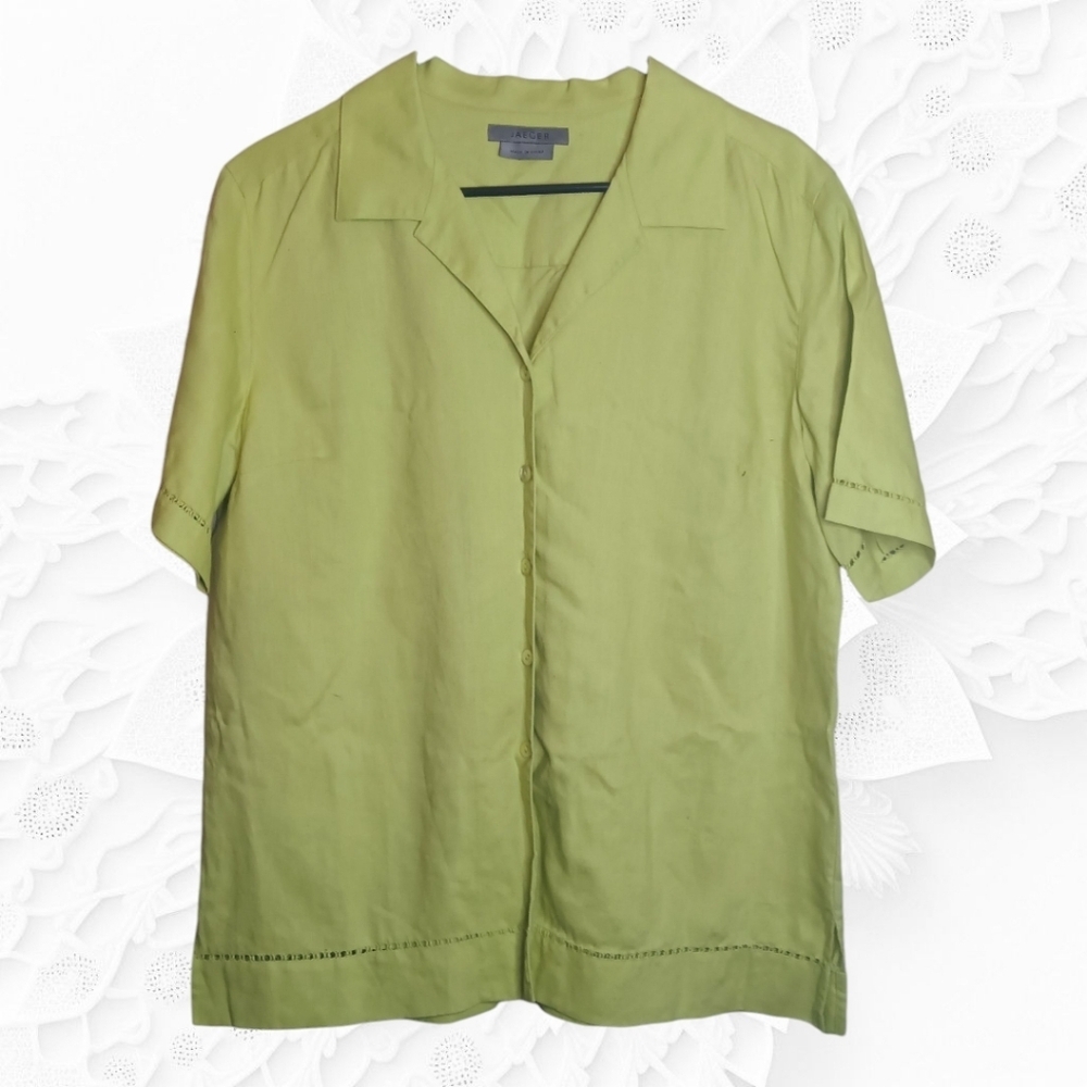 Yeager 100% Linen Green Short Sleeve  Button Down Top Size XL